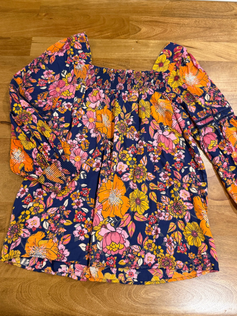 Lola P. Peasant Sleeve Smocked Floral Tunic in Navy, Pink & Orange - Size Medium